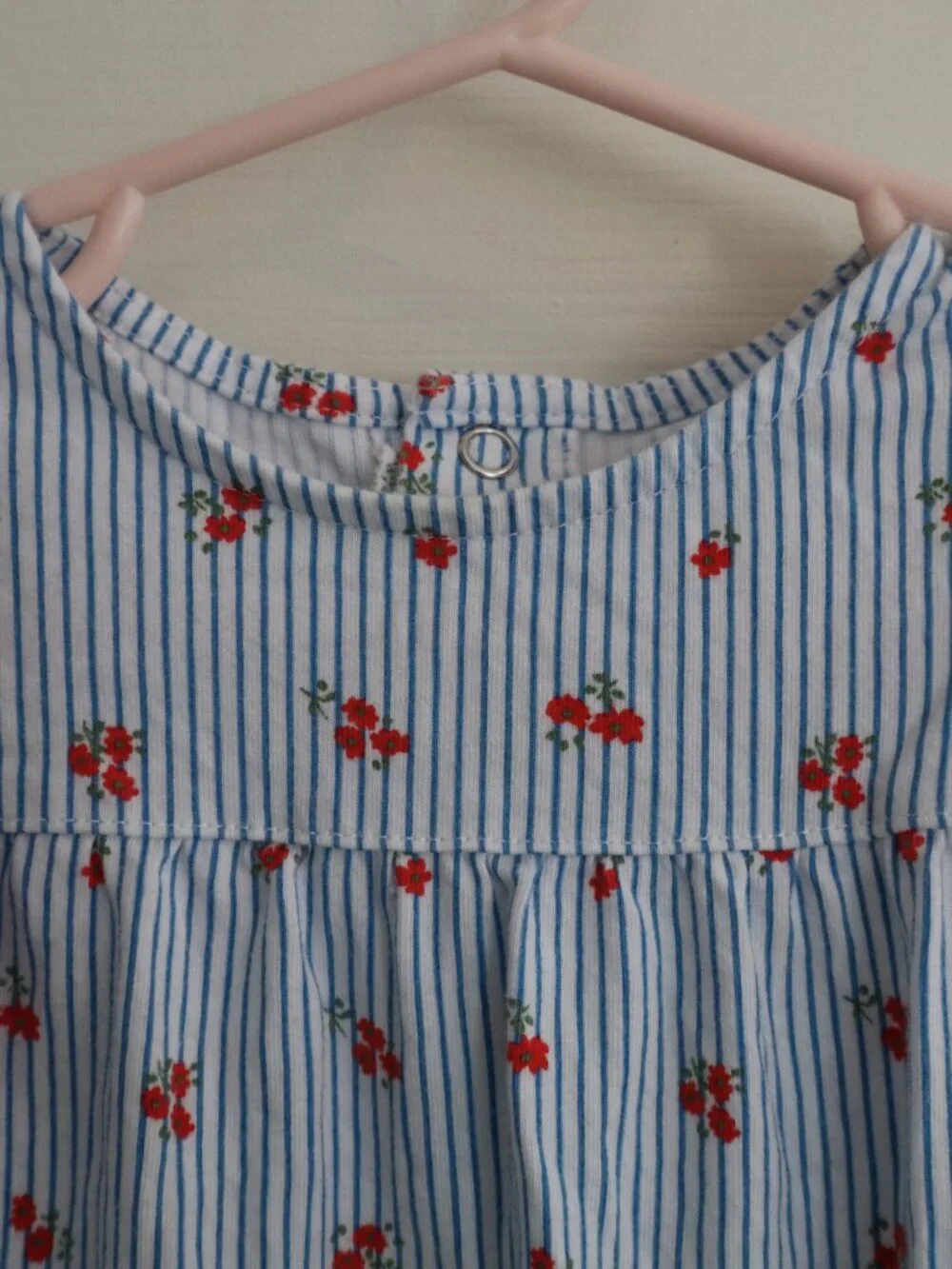 Carter's Jumper/Romper Blue stripes with red florals and ruffle sleeves Sz 18m